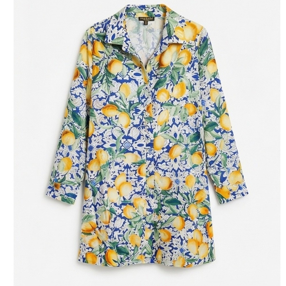 Park & Main Woman 1X Lemon Print Long Sleeve Button Up Tunic Top NWT - Picture 2 of 14